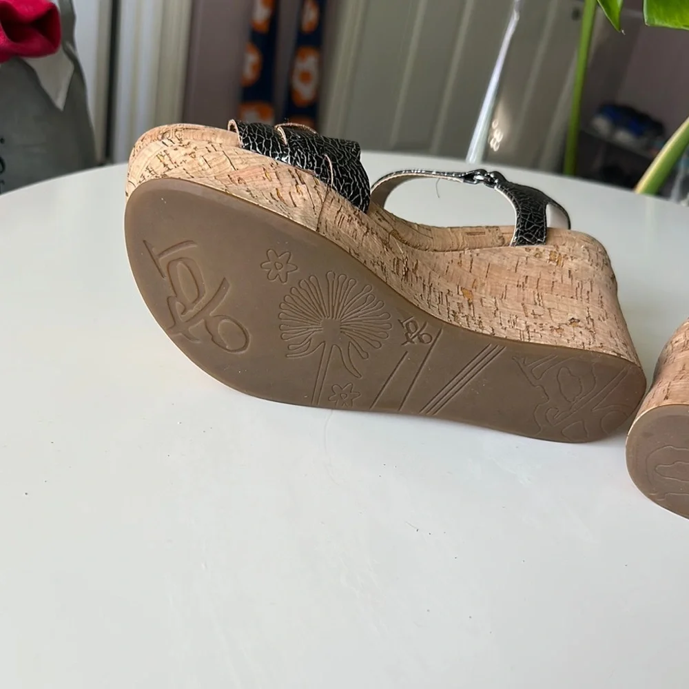 OTBT Charleston - Silver, Black and Tan Wedge Sandals with Cork Heel